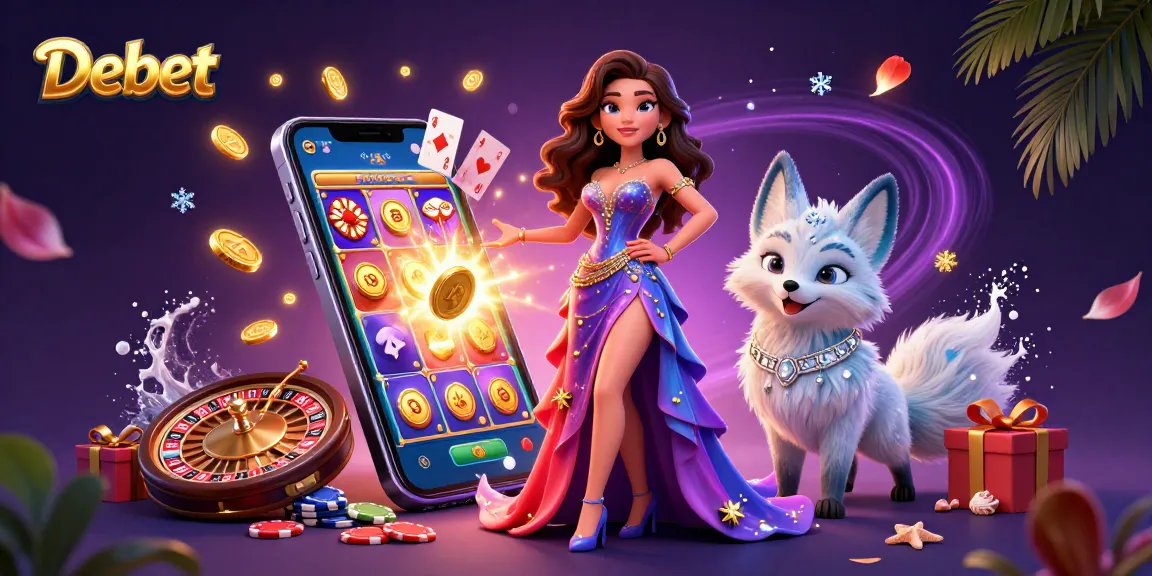 Experience the thrill of Debet with a stunning casino-themed illustration featuring vibrant slot games and gaming elements.