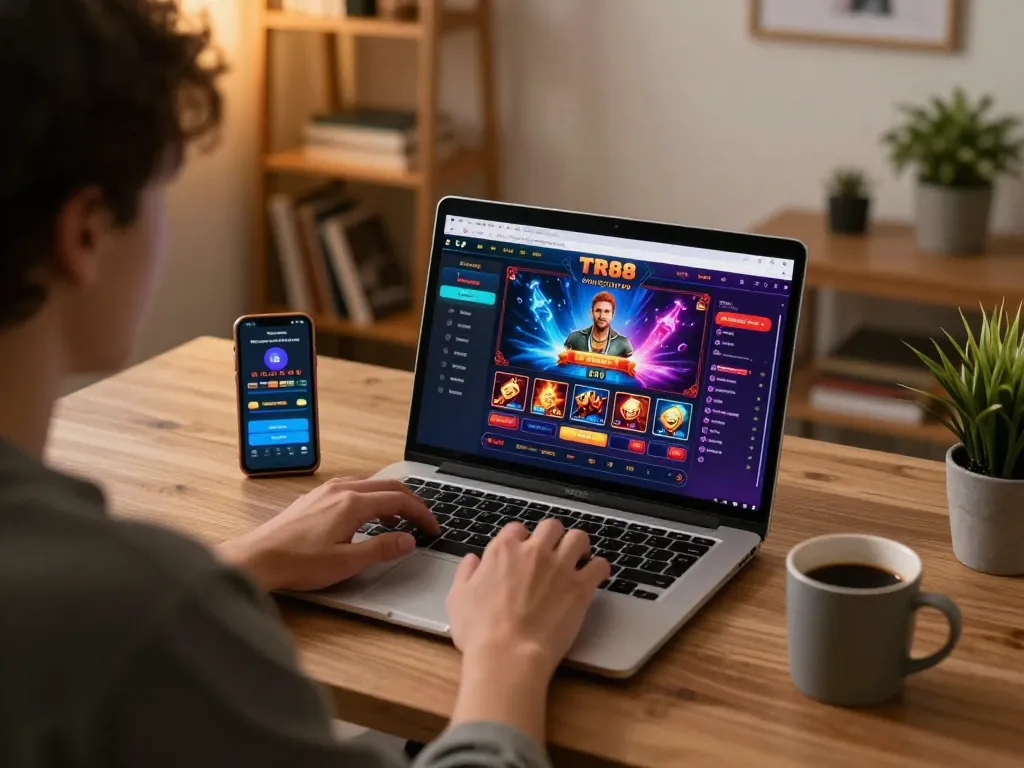 Engaging online gaming at TR88 with a laptop showing vibrant casino games.