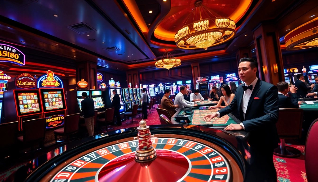 Experience KP88 casino's vibrant gaming scene with roulette and poker players in action.
