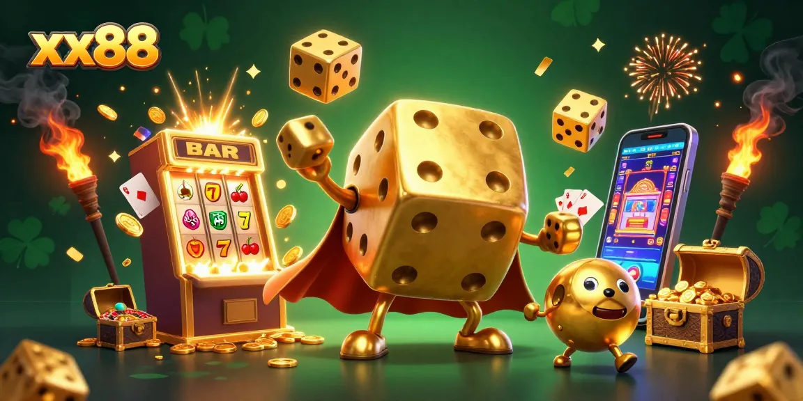 Experience the thrill of xx88 with a golden dice golem and dynamic jackpot elements in a vibrant casino scene.