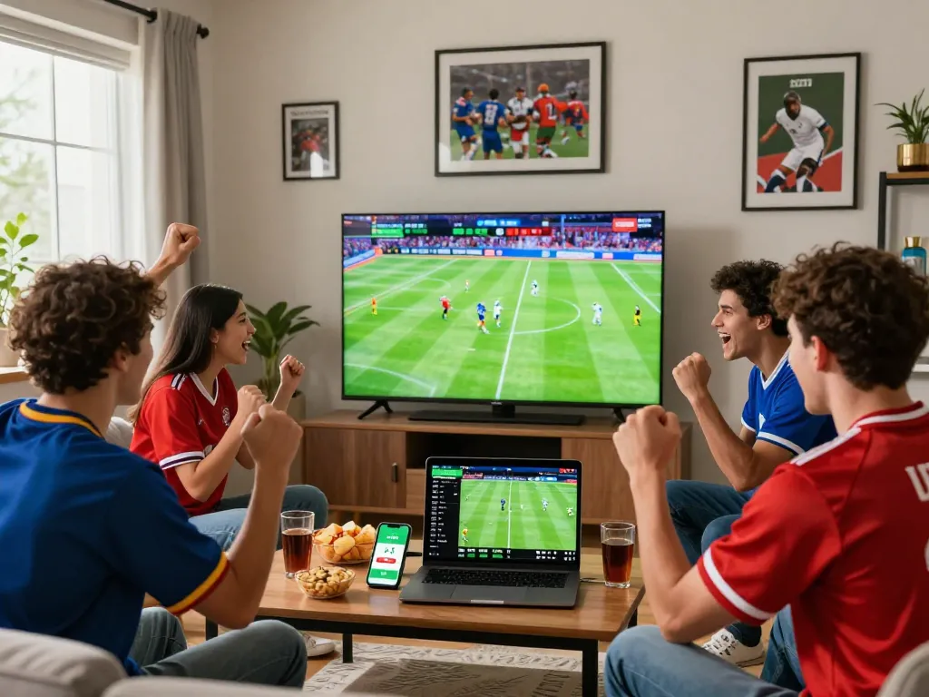 Friends enjoying a lively sports betting experience while using the Nowgoal app to track live scores and odds.