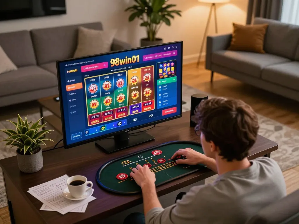 Engaged player using 98win01 to explore online casino games in a cozy living room