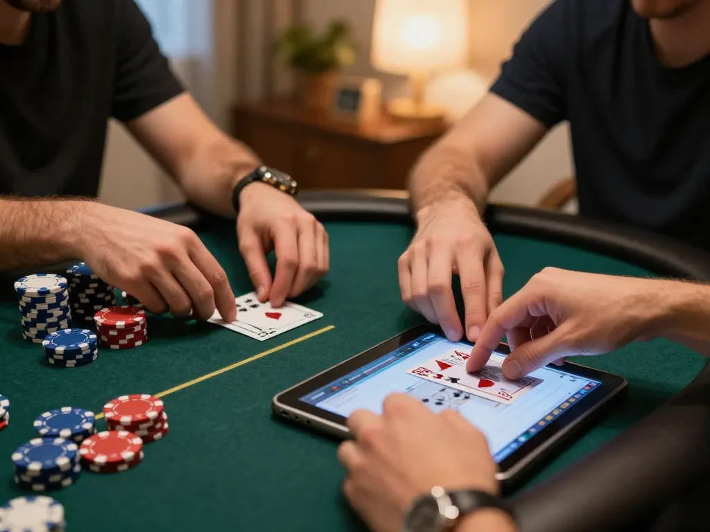 Engaging poker gameplay on fabet tablet with strategic card dealing and chips.