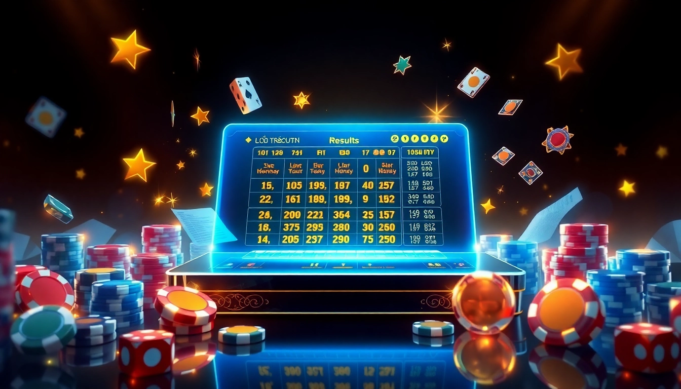 Engaging lô đề trực tuyến interface showcasing live lottery results with vibrant betting slips and poker chips