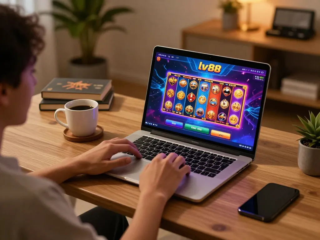 Player engaging with the nhà cái lv88 casino interface on a laptop, highlighting online gambling activities