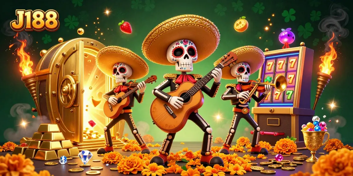 Experience the vibrant J188 with a mariachi band celebrating winning slots amidst gold treasures.