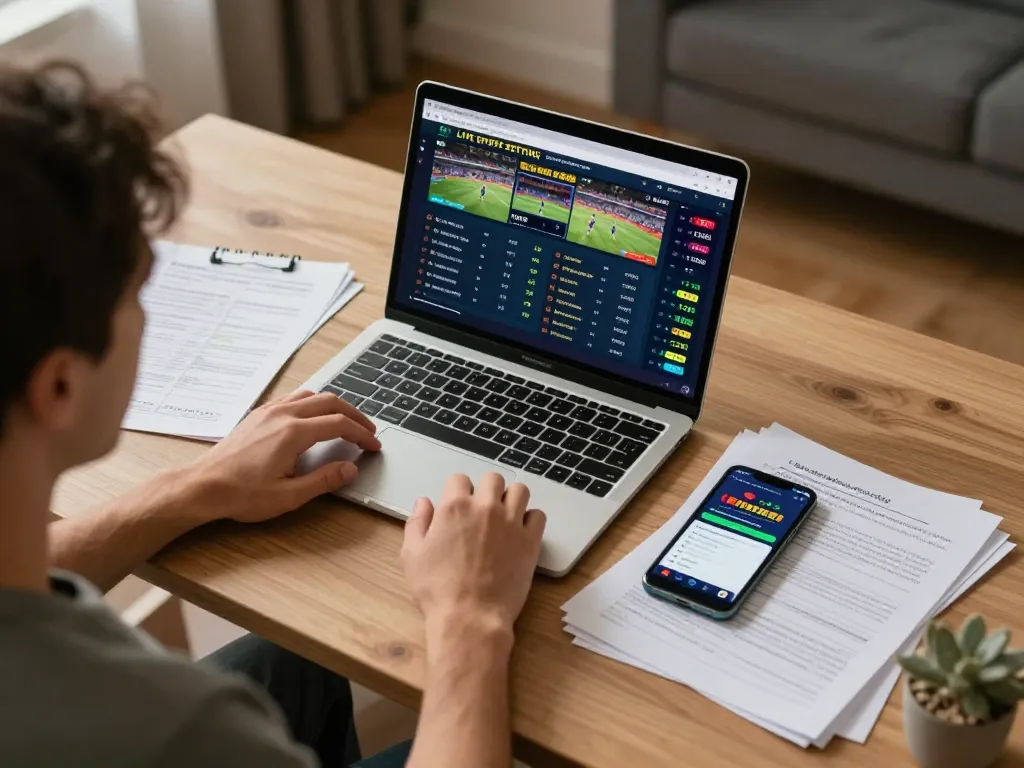Engaged player using keonhacaii88 for live sports betting on a laptop with strategic notes.
