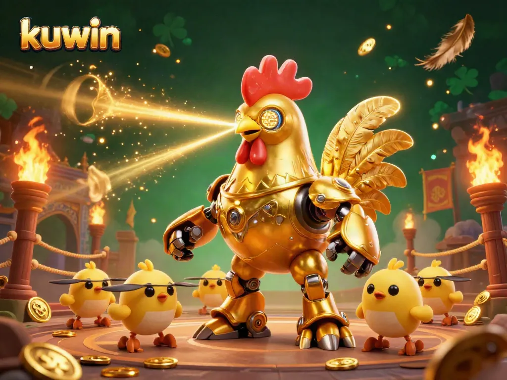 kuwin adventures in a golden-themed casino with dynamic betting, featuring a golden rooster robot and baby chick drones.