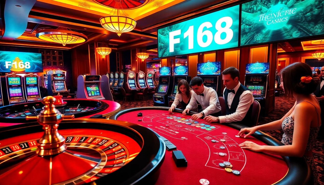 Players enjoying their games at F168 casino with exciting tables and vibrant decor.
