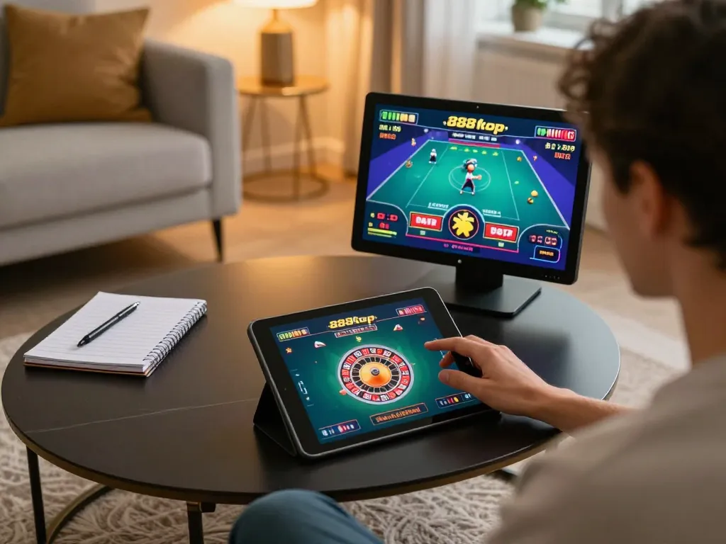 Engaging live dealer roulette gameplay on 888top app within a stylish home setup