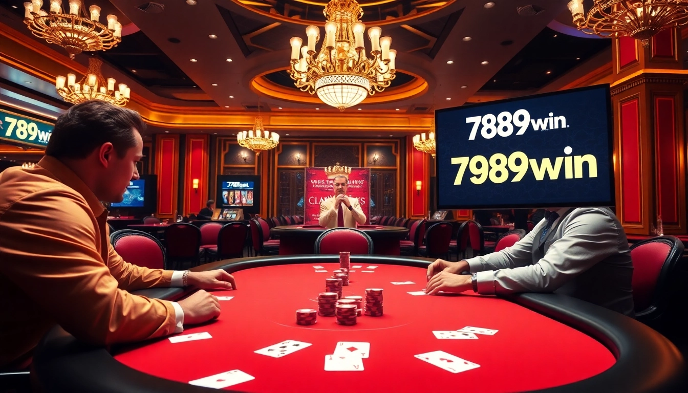 Exciting poker game featuring the 789win game logo amidst a dazzling casino backdrop.