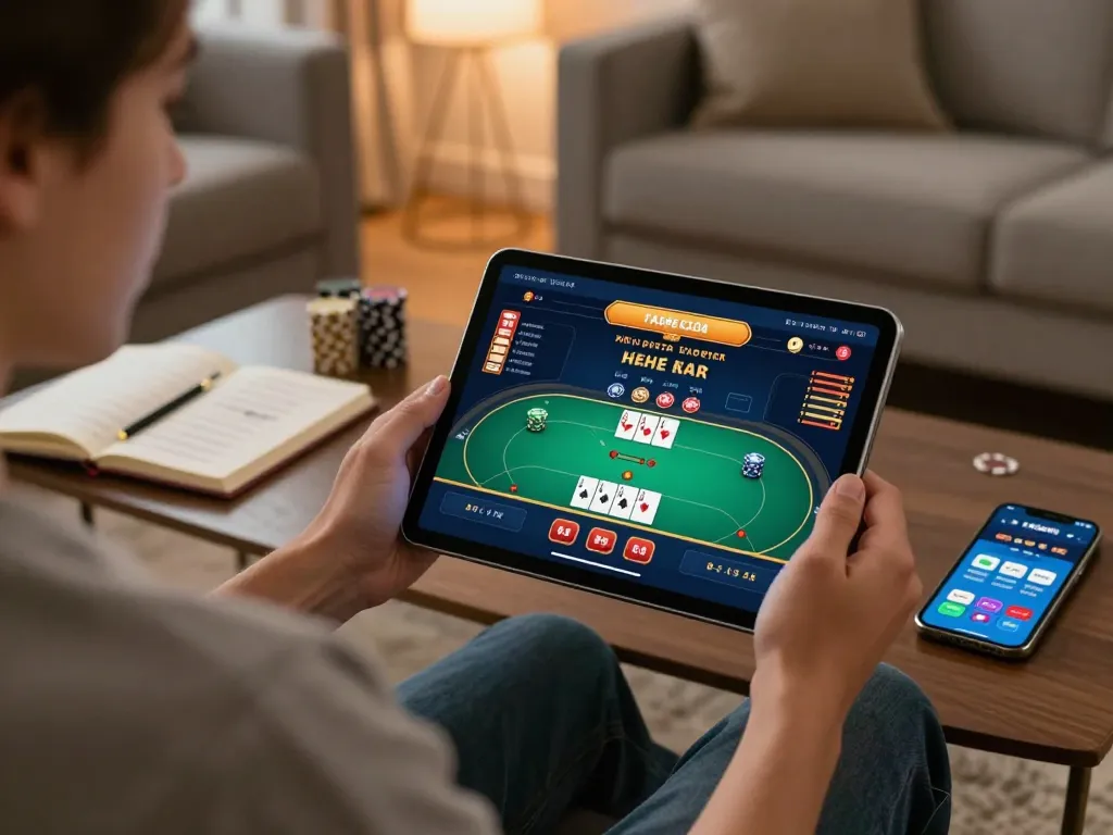 Person enjoying a dynamic poker game on the hz88 app in a cozy home setting.
