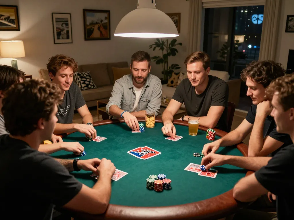 Friends enjoying a lively poker night at home, capturing keo-nha-cai-vn excitement in every hand dealt.