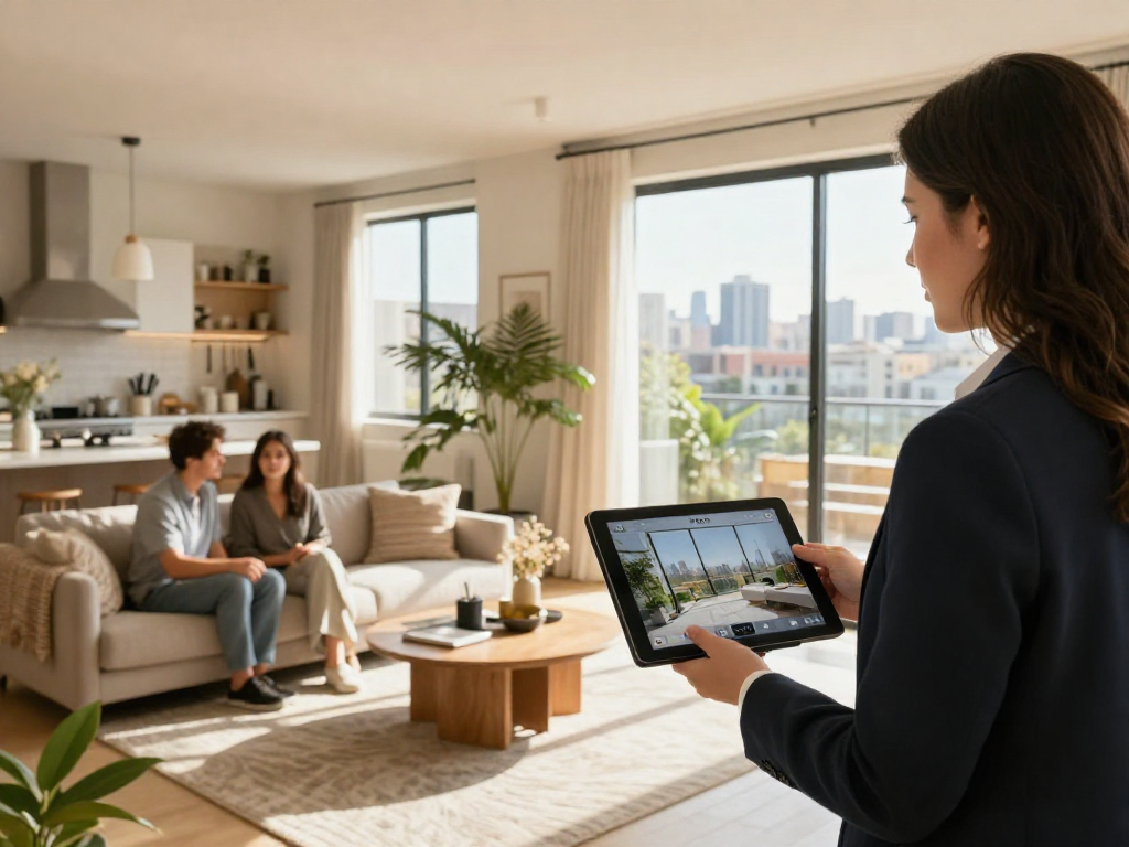 IDXSTAR real estate agent showcasing a modern home interior to prospective buyers.