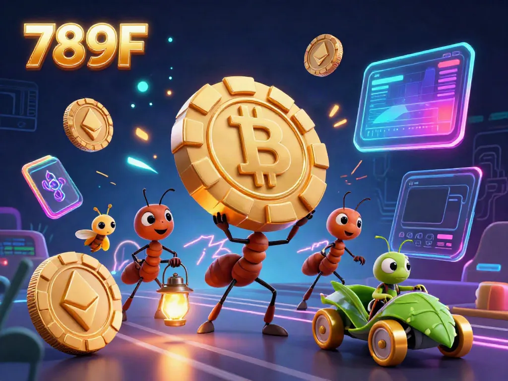 Ants successfully carry a giant poker chip in vibrant casino colors, emphasizing 789F's exciting gaming experience.