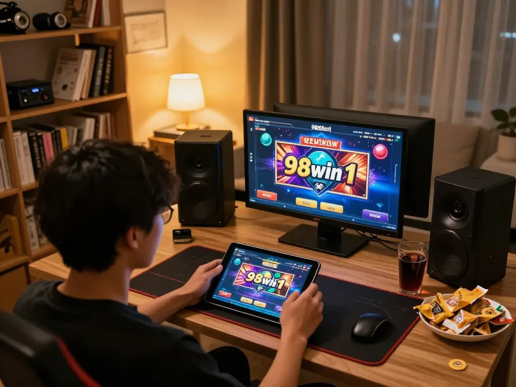 Engaging player immersed in 98win1 online gaming action with tablet at home