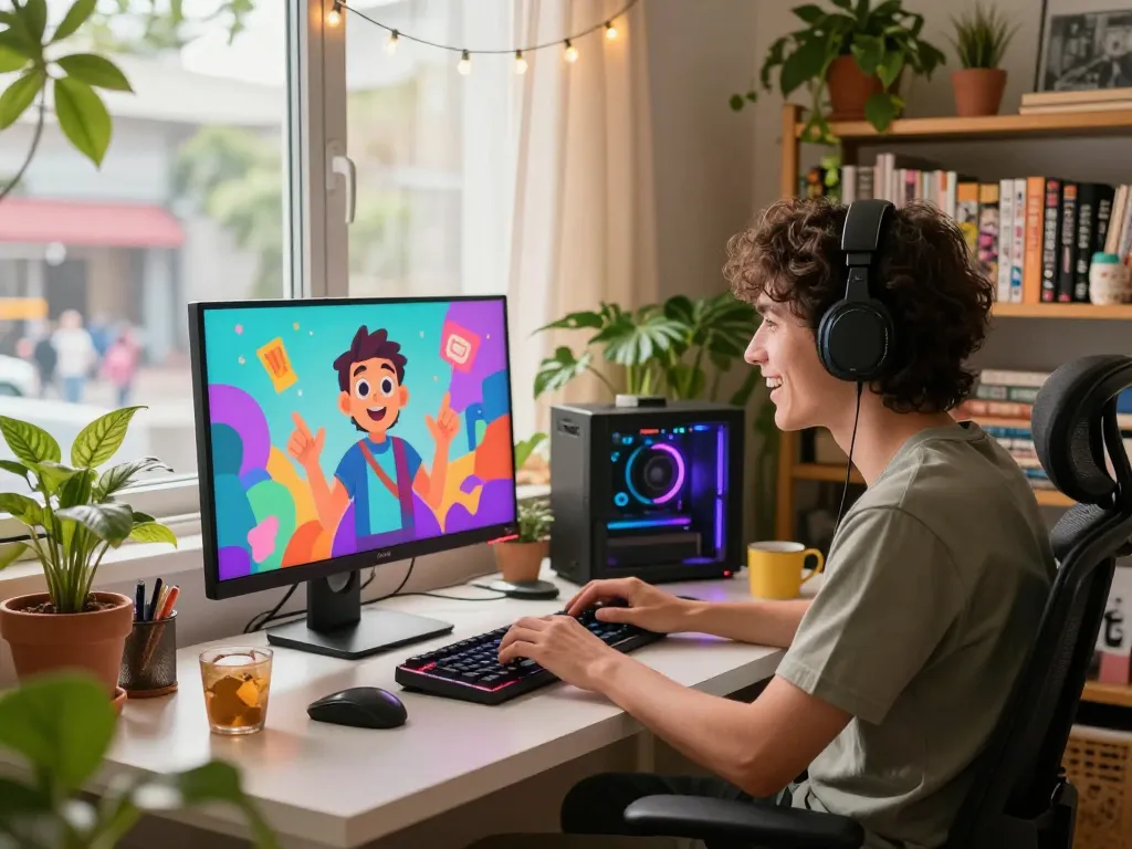Engaging crushon virtual character chat in a vibrant home office environment with warm lighting.