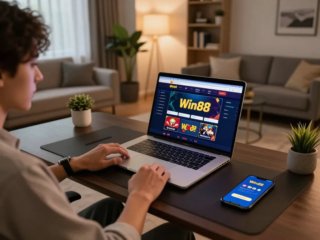 Engaging online gaming scene featuring Win88 casino setup in a cozy home