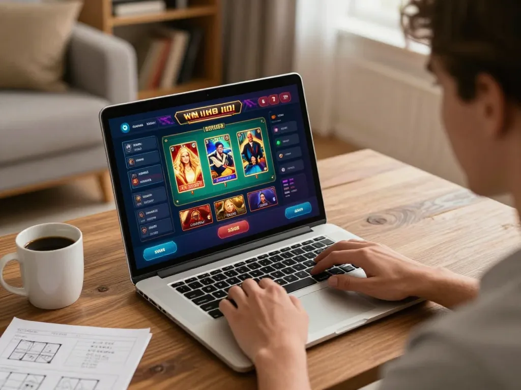 Engaging home online casino gaming with nohu90nohu on laptop, showcasing strategy and comfort.