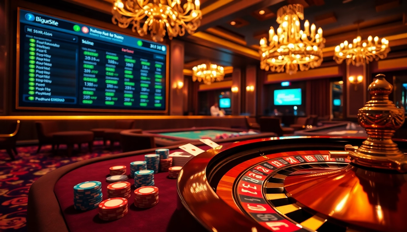 Engaging moment of high-stakes gambling at a bj38 casino, featuring vibrant poker chips and luxurious gaming tables.