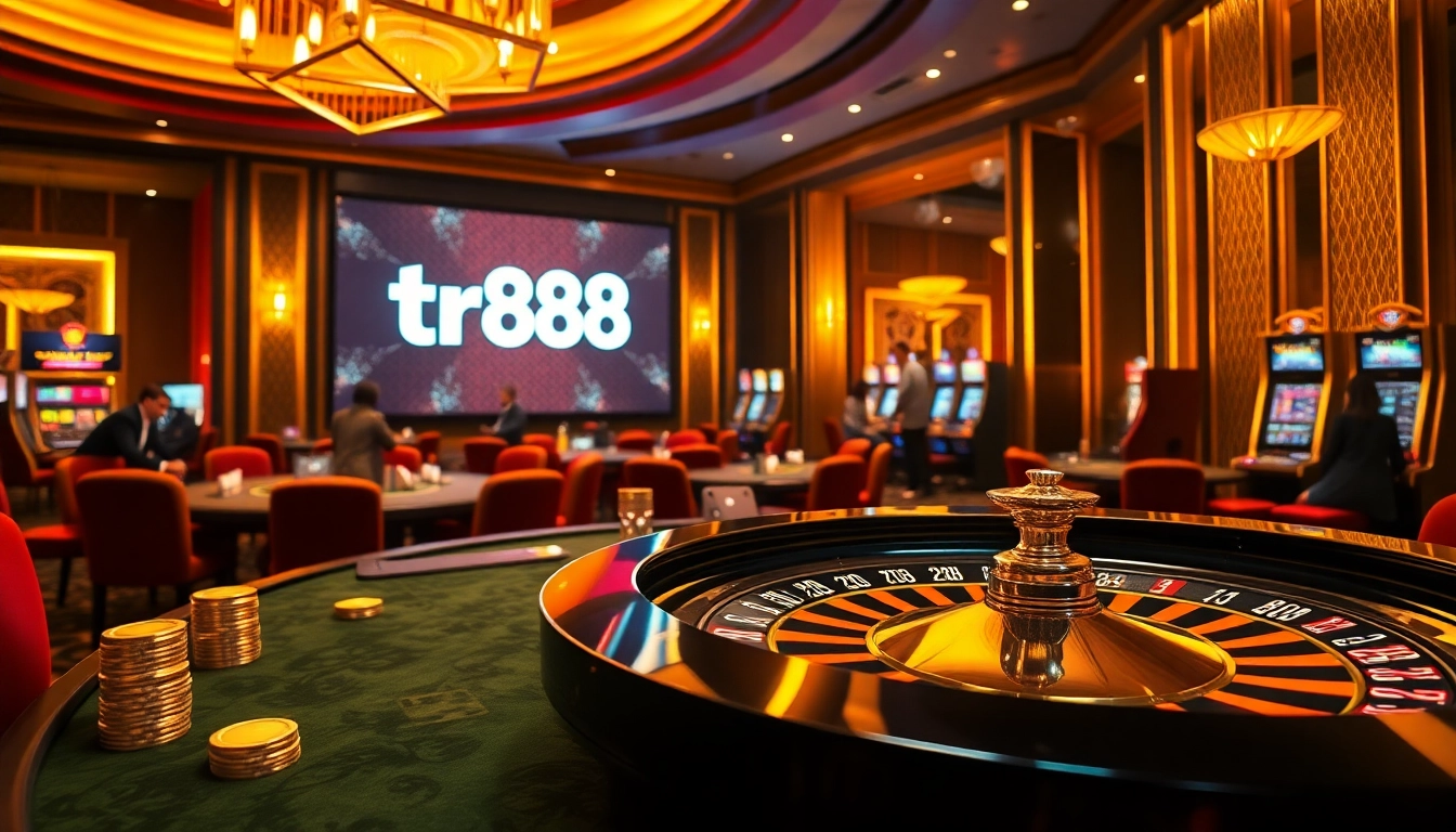 Elevate your gaming experience with the excitement of TR88 in this vibrant casino scene featuring roulette and poker.