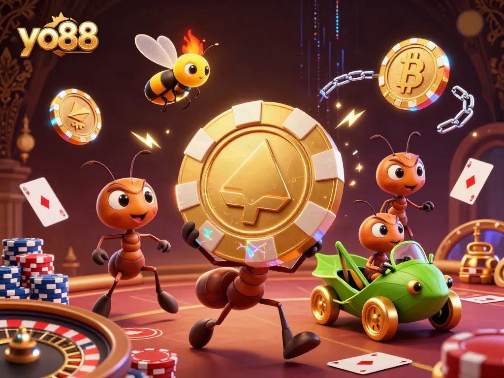 Experience thrilling heists with yo88 as ants carry massive chips amidst poker elements