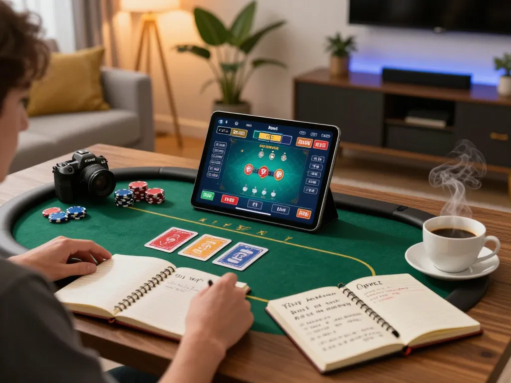 online poker gaming experience at home with onbet interface on tablet and betting strategy notes
