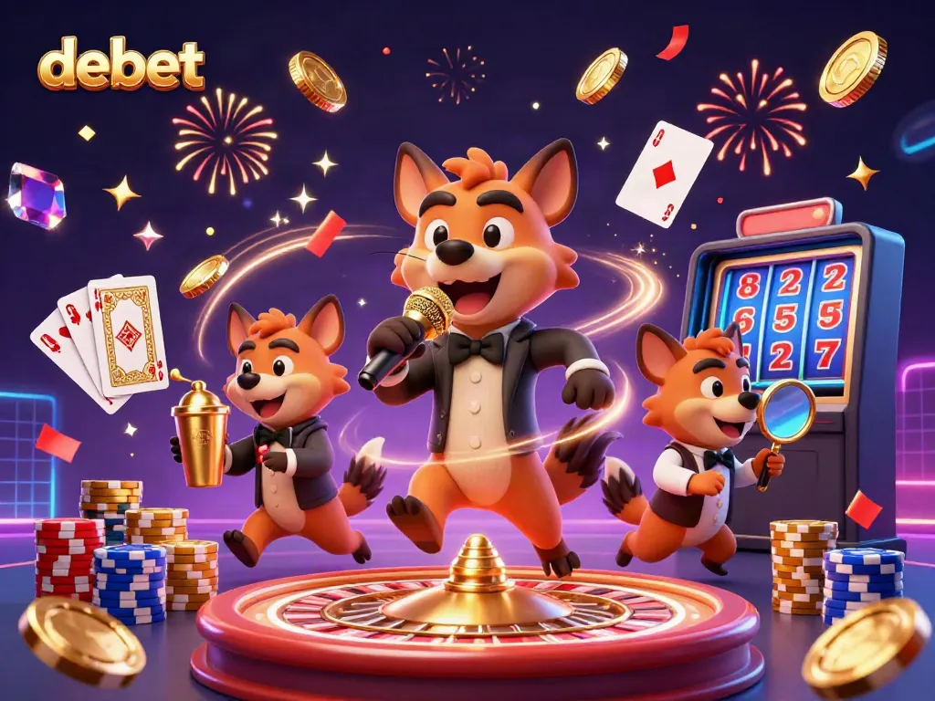 Debet casino scene with hyenas animatedly engaging in comedic entertainment, surrounded by sparkling casino elements.
