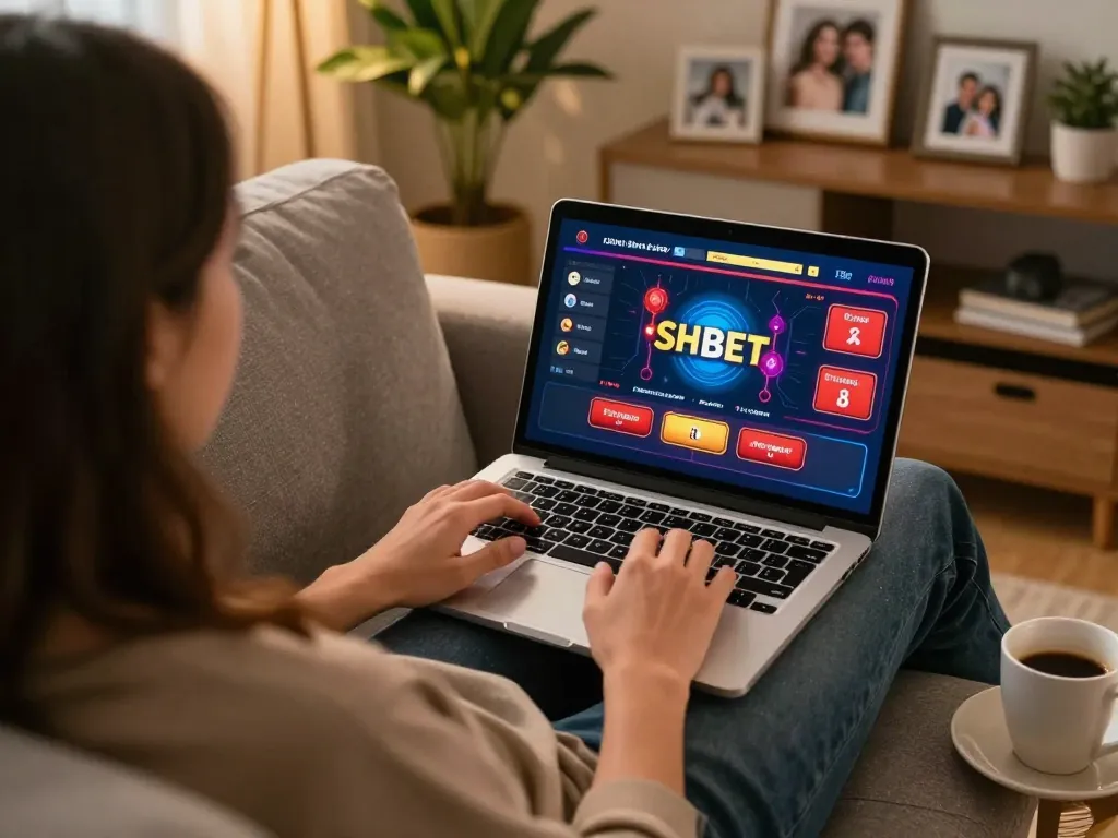 Engaging in online gambling on SHBET showcasing a vibrant casino interface from a cozy home setup.