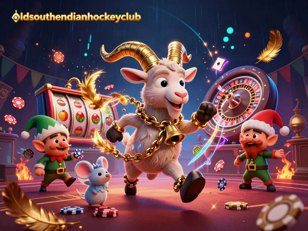 Animated scene of oldsouthendianhockeyclub's festive casino with whirlwind of poker chips and excitement