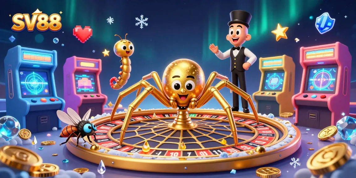 Engage in thrilling gameplay at SV88 with a lively casino scene featuring a spider croupier and buzzing arcade machines.