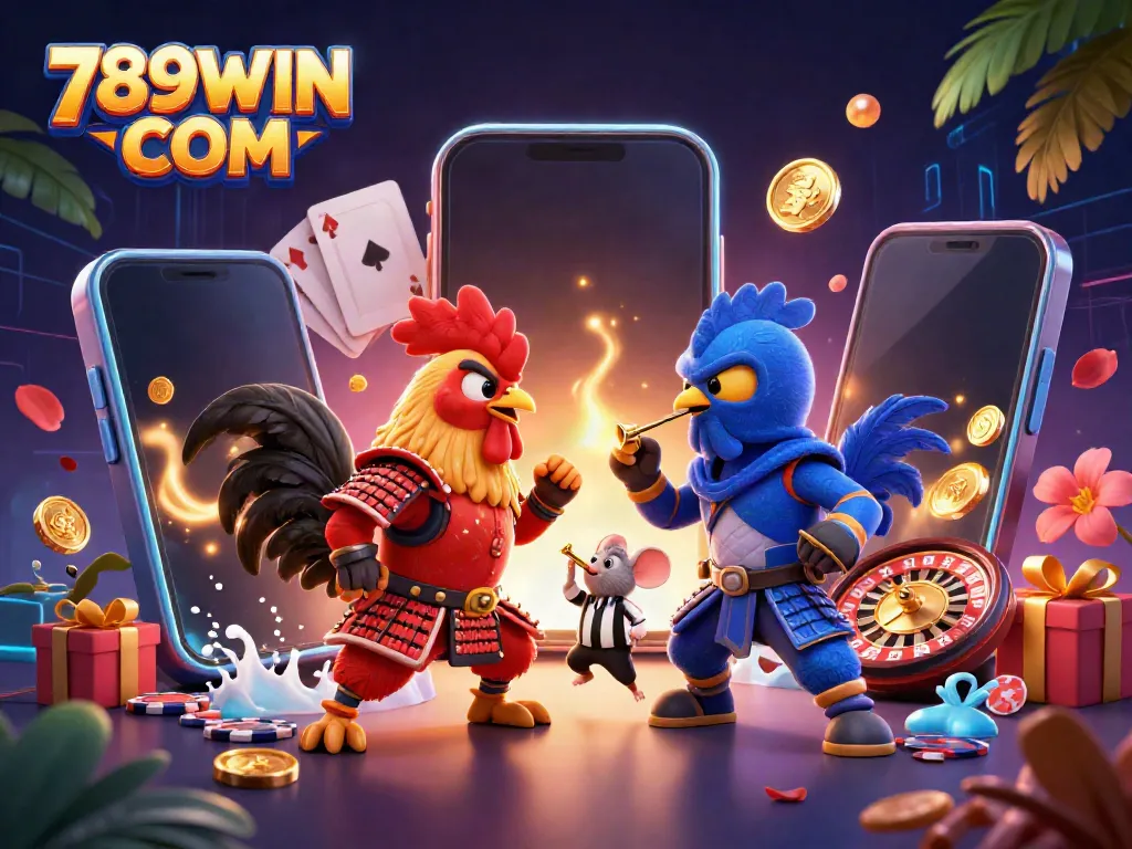 Engage in thrilling game play at 789WIN COM with vivid illustration of roosters, slots, and casino elements.