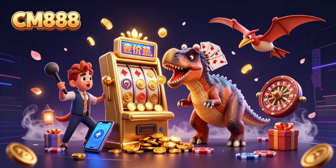 Experience the thrill of CM888 with a 3D illustration featuring playful dinosaurs, jackpot wins, and vibrant casino elements.