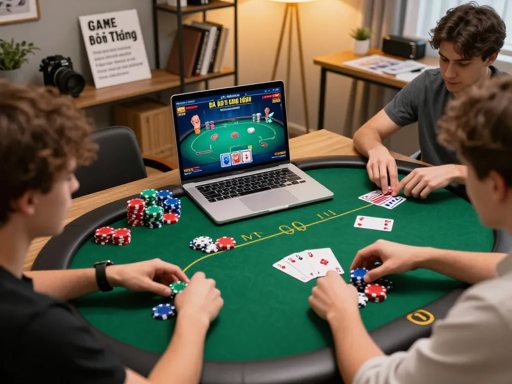 Players engage in an exciting online Game Bài Đổi Thưởng session, showcasing vibrant chips and cards in an immersive home setting.