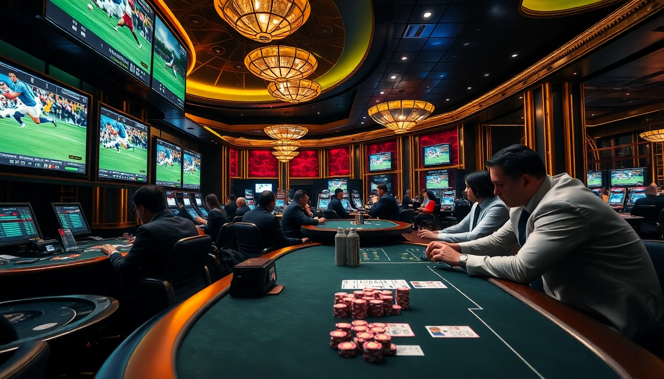 Experience the excitement of vaoluoitv truc tiep bong da in a lavish casino atmosphere with elegant players and betting slips.