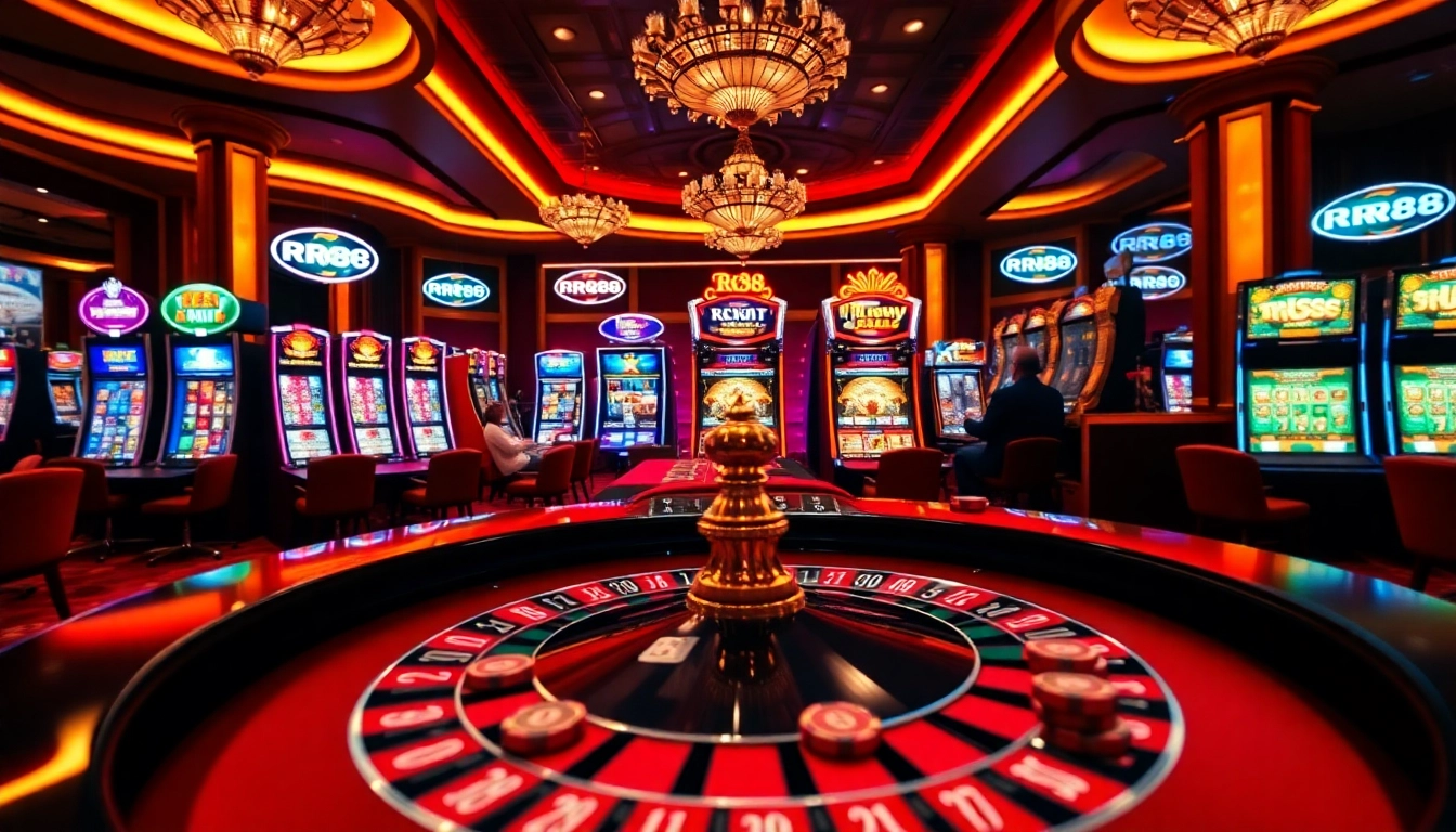 Experience the thrill of RR88 at an elegant casino with vibrant gaming elements.