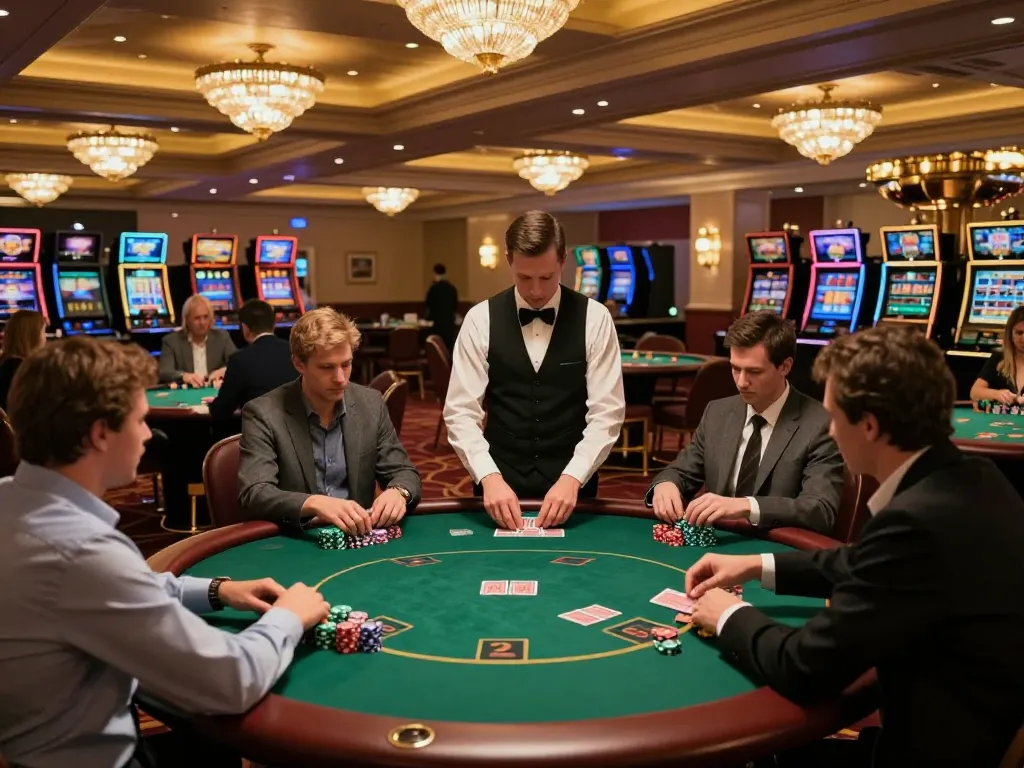 888NEW players enjoy an engaging poker game at a luxurious casino, showcasing dynamic gameplay and casino excitement.