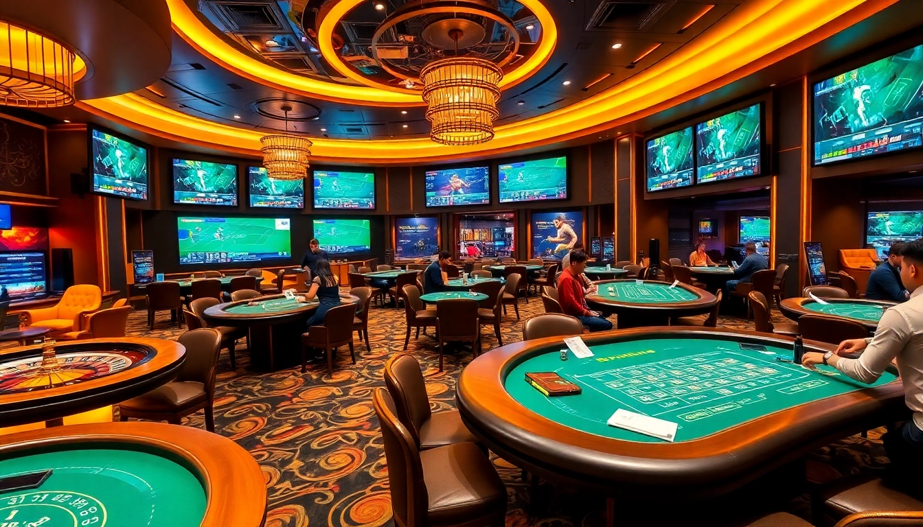 Bettors analyzing kèo nhà cái at a vibrant sports betting table in a luxurious casino.