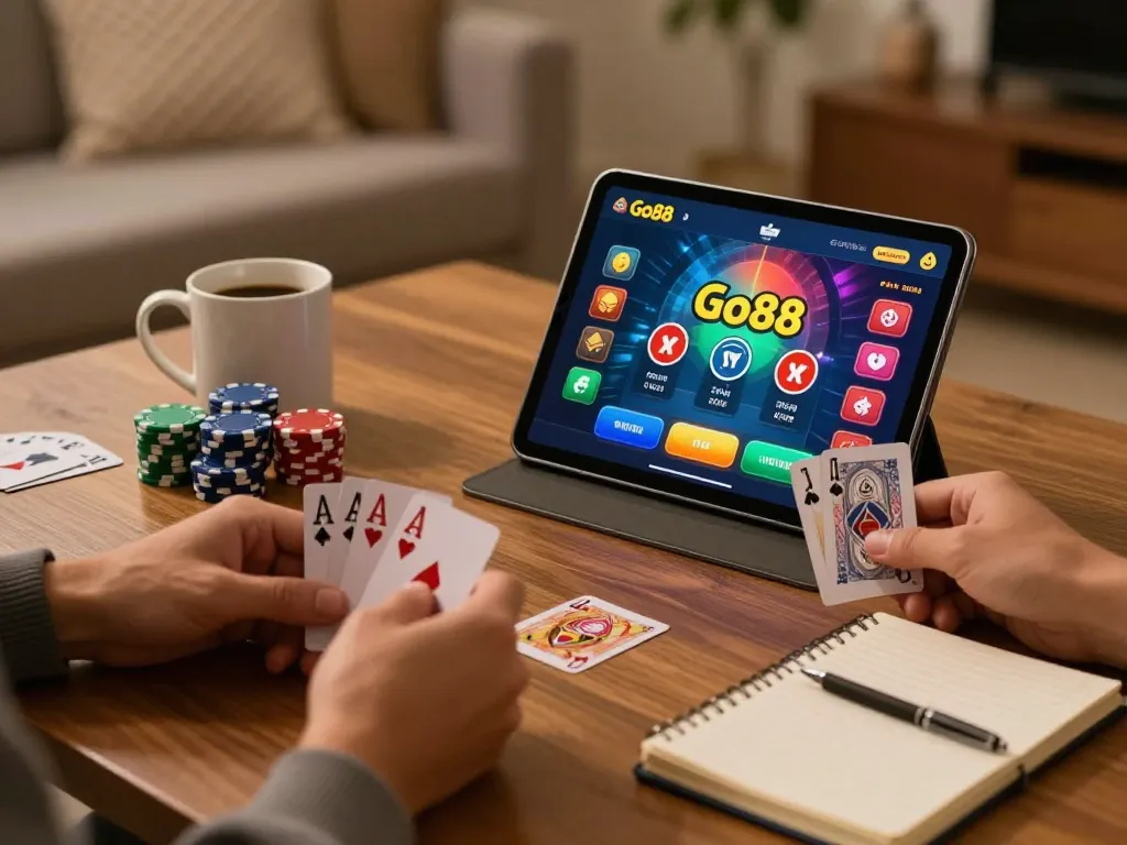 Playing poker using the Go88 app on a tablet in a cozy home setting, showcasing an engaging online gaming experience.