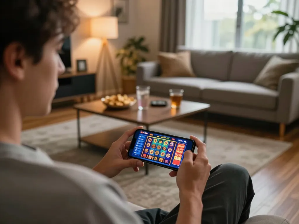 B52 Club player enjoying vibrant slot games on a smartphone in a cozy home environment