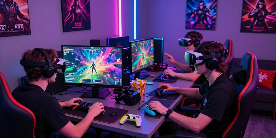 Gamers enjoying an immersive xxx game session in a vibrant environment with neon lights and gaming devices.