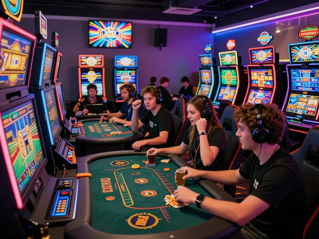 Exciting scene at an online casino with players enjoying gem88 games, vibrant lights and dynamic atmosphere.