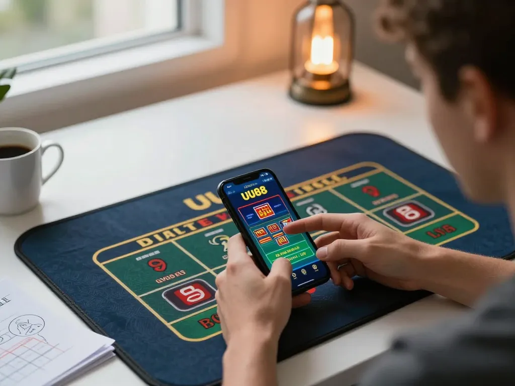 Player using the UU88 casino app strategically on a smartphone in a cozy home environment.