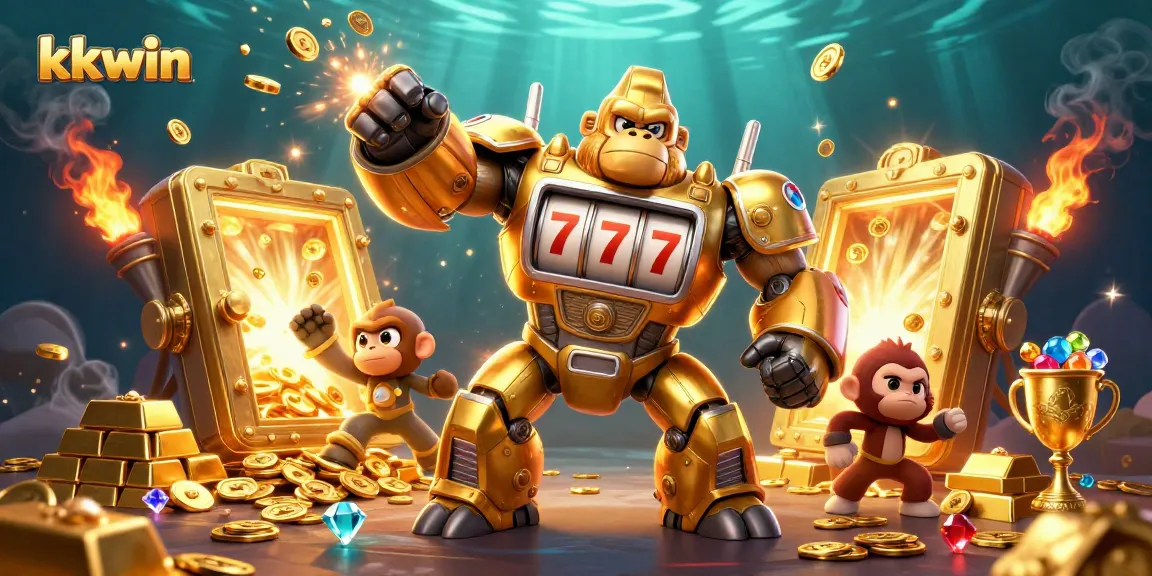 Experience thrilling excitement at kkwin with golden gorilla mech and treasures in this dazzling casino illustration.
