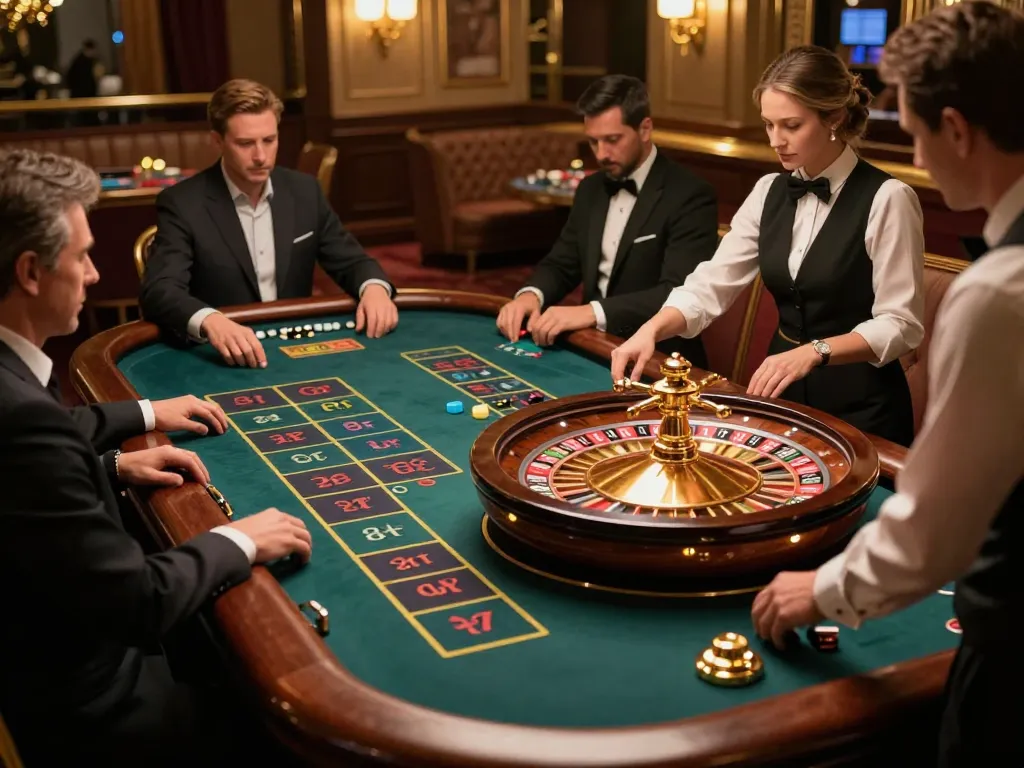 Engaging scene of players at a roulette table in an upscale casino environment, highlighting the excitement of 92slot com.