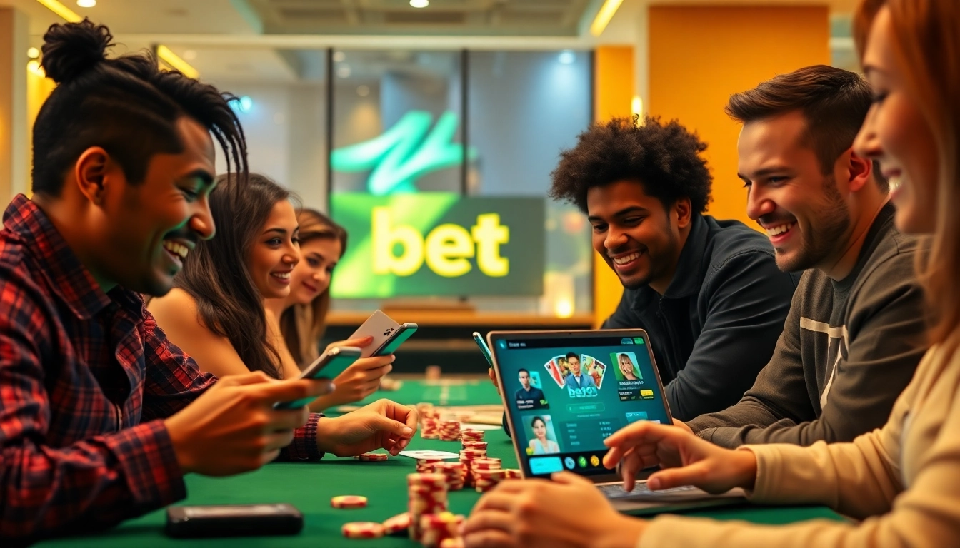 Exciting online gaming scene showcasing diverse players using the bet789 platform with poker and live casino games.
