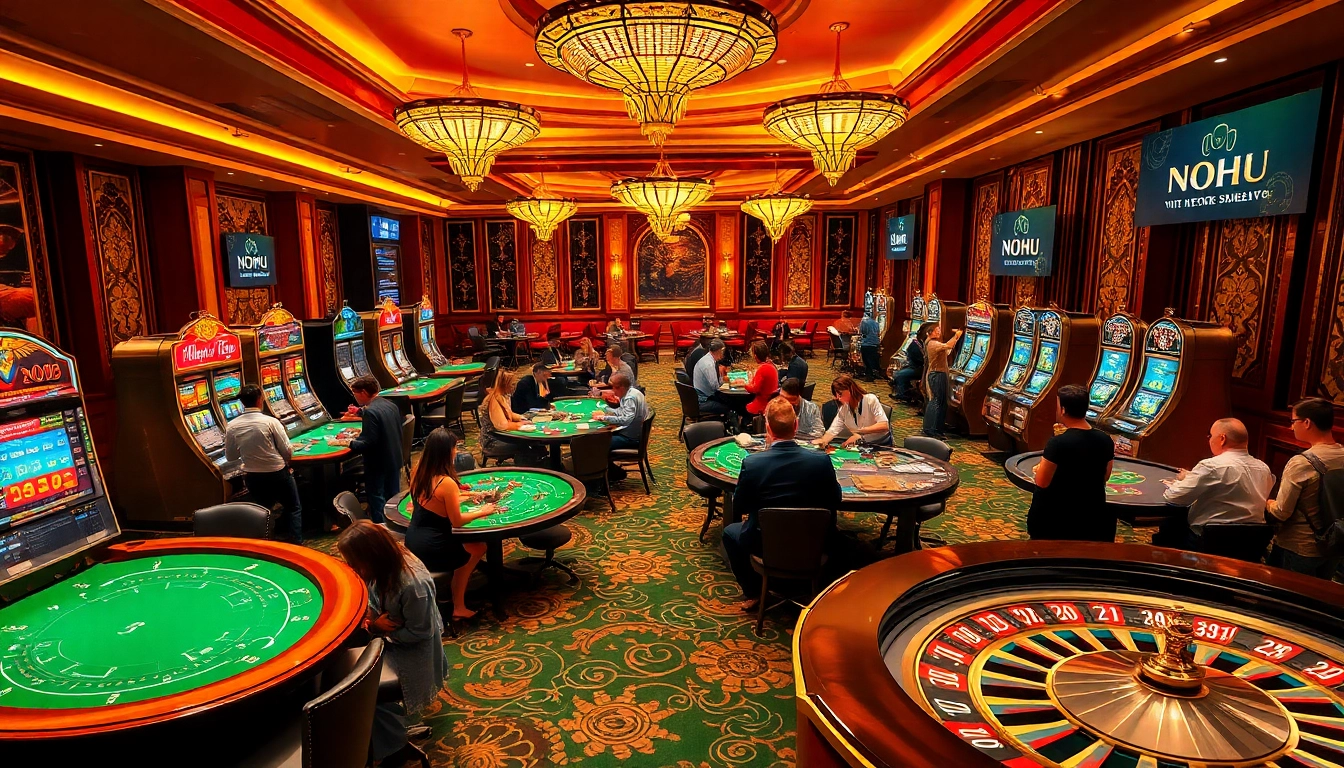 Nohu gamblers experiencing thrilling gameplay at a luxurious casino with poker tables and slot machines.