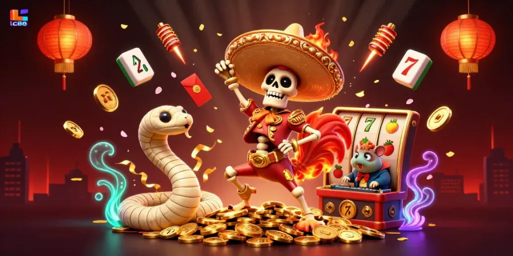 Win big with lc88 in this vibrant casino scene featuring a mariachi rooster and entertaining game elements.