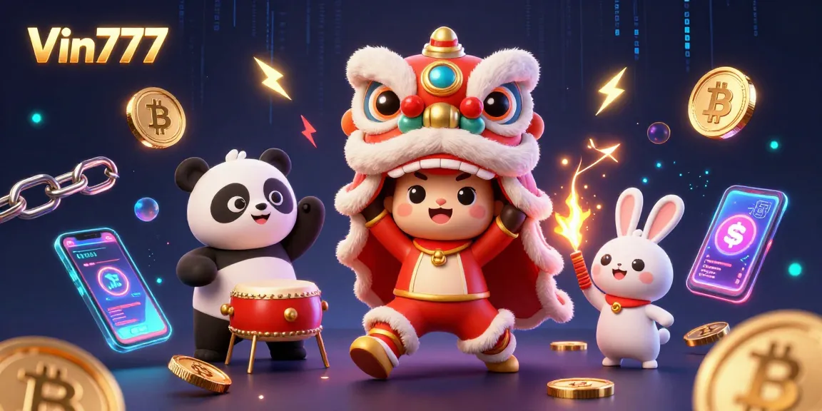 Win with Vin777 while enjoying an engaging lion dance and cryptocurrency elements in a vibrant casino scene.