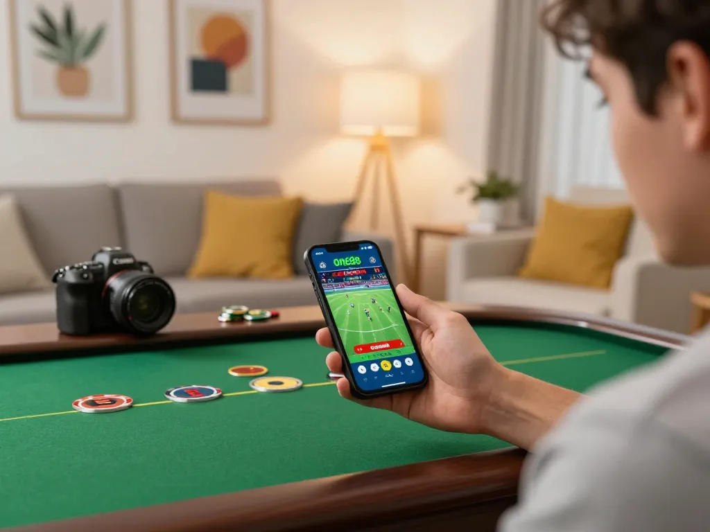 Engaging in sports betting on the one88 mobile app with vibrant home decor